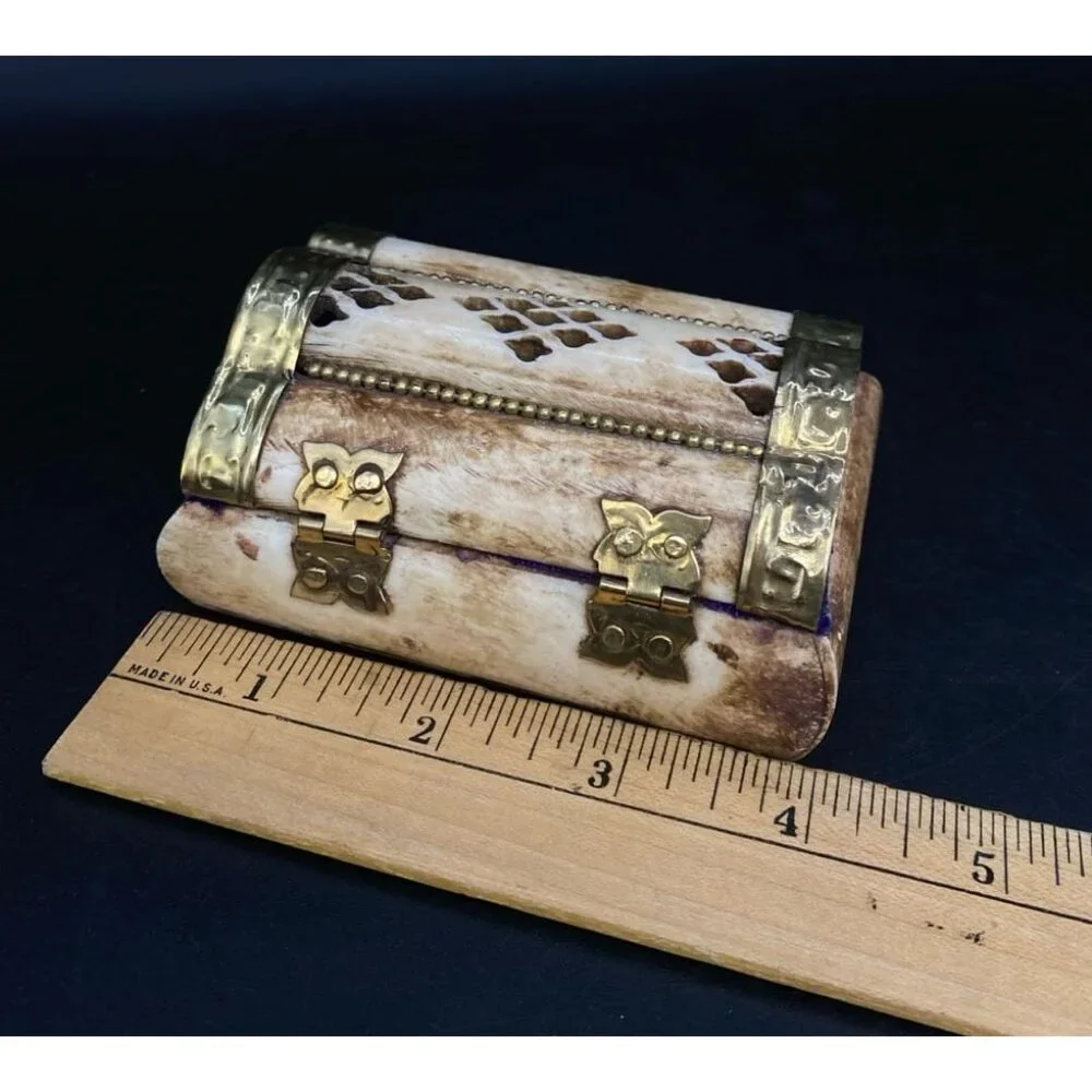 Camel Bone Treasure Chest Jewelry Trinket Box Brass Velvet Lined 3”x2